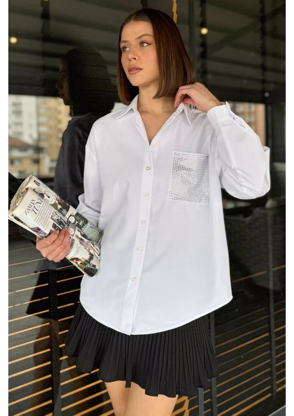 Taş Işlemeli Oversize Kadın Gömlek