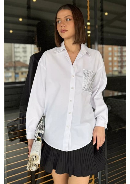 Taş Işlemeli Oversize Kadın Gömlek