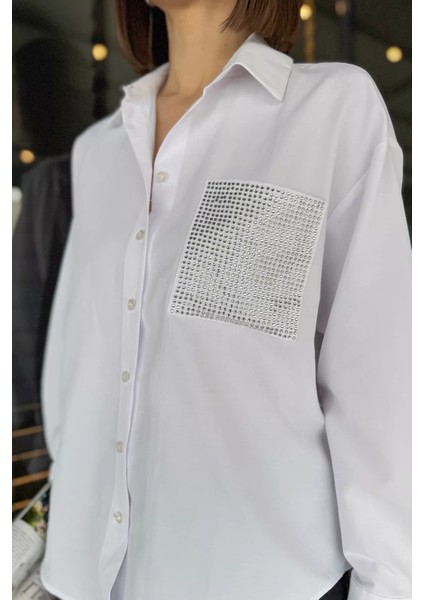 Taş Işlemeli Oversize Kadın Gömlek