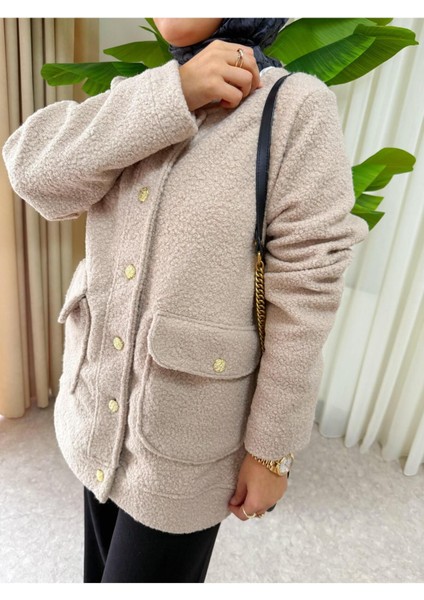 Altın Detaylı Bej Teddy Ceket -Ikili Takım Zarif ve Modern
