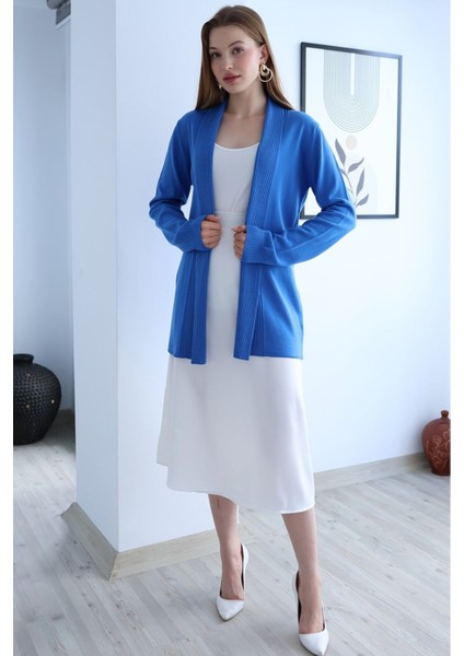 Kadın Mavi Fitilli Uzun Hırka