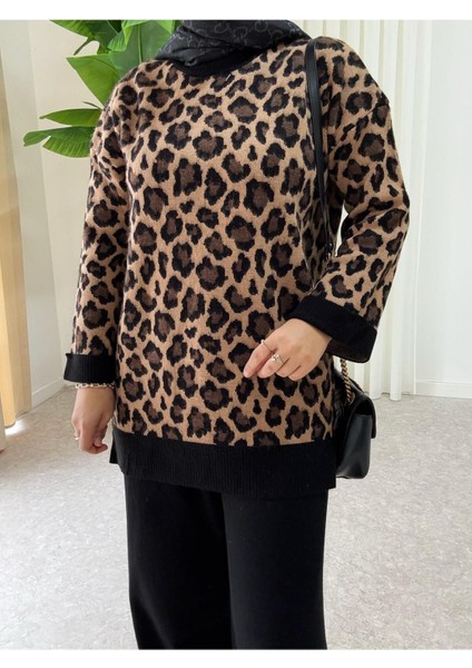 Leopar Desen Kışlık Ikili Triko Takım Gri