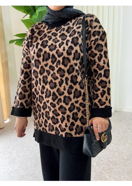 Leopar Desen Kışlık Ikili Triko Takım Gri