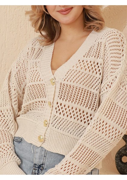 Kadın Krem Yazlık Delikli Düğmeli Hırka fiyatları
