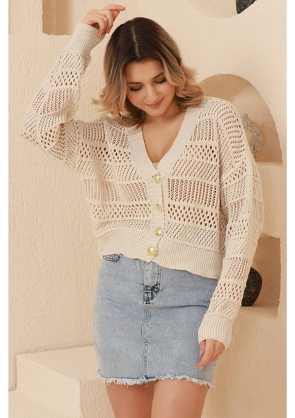 Kadın Krem Yazlık Delikli Düğmeli Hırka modelleri