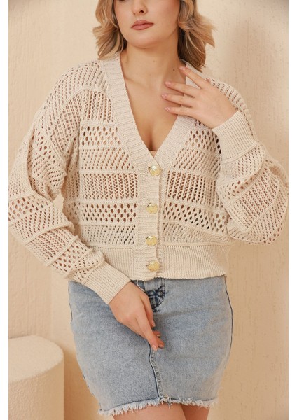 Kadın Krem Yazlık Delikli Düğmeli Hırka fırsatları