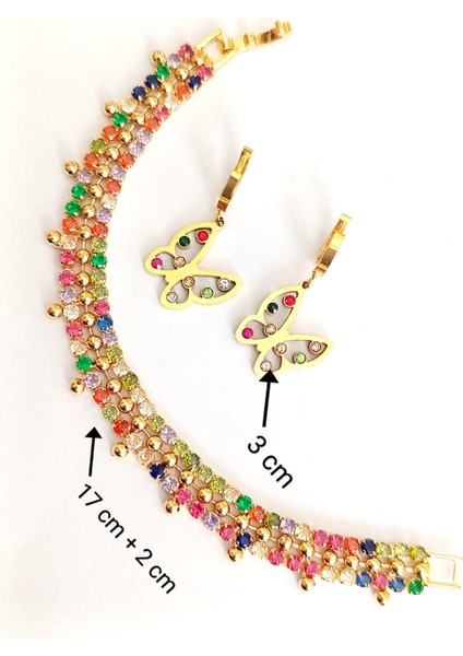 Bileklik ve Küpe Kelebek 2'li Set Renkli Zirkon Taşlı Altın Kaplama 316 L Çelik + Hediye Paket fiyatları