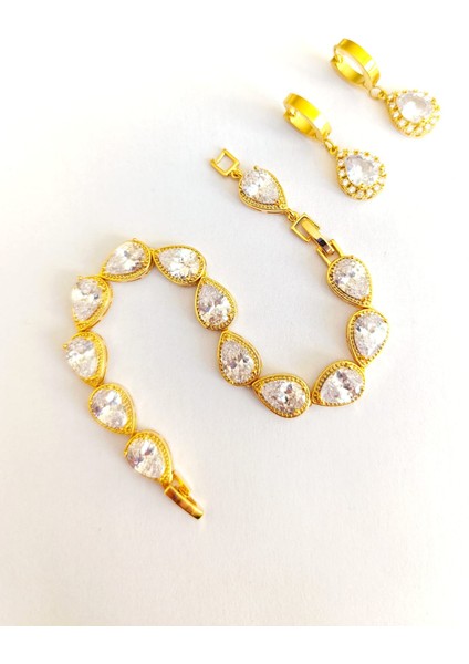 Bileklik ve Küpe 316L Çelik Zürkon Taşlı Altın Kapalama + Hediye Paket