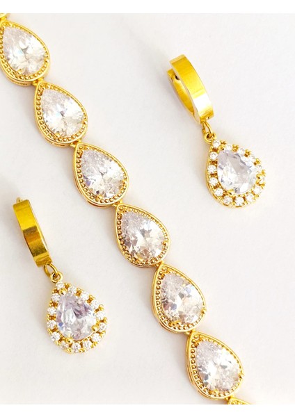 Bileklik ve Küpe 316L Çelik Zürkon Taşlı Altın Kapalama + Hediye Paket fırsatları