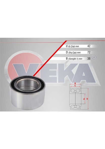 VEKA-47-2700 - On Tekerlek Rulmanı Sol-Sag 42×72×38 Mazda 626 Iıı 1.8i - 2.0 16V 1987-1992/ Kıa Sephıa 1.5i 16V -1.6i 16V 1993-2001