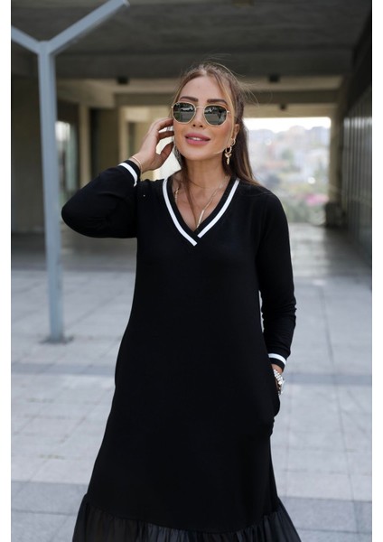 Kadın Eteği Şifon Ribanalı V Yaka Uzun Kollu Elbise