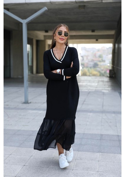 Kadın Eteği Şifon Ribanalı V Yaka Uzun Kollu Elbise fiyatları