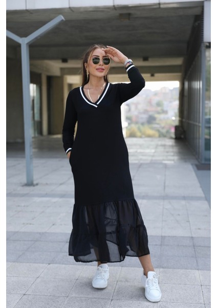 Kadın Eteği Şifon Ribanalı V Yaka Uzun Kollu Elbise modelleri