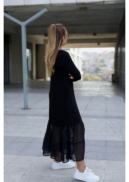 Kadın Eteği Şifon Ribanalı V Yaka Uzun Kollu Elbise fırsatları