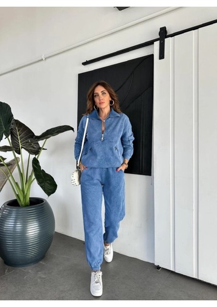 Asortik Kadın Yıkamalı Sweatshirt Pantolon Ikili Eşofman Takım