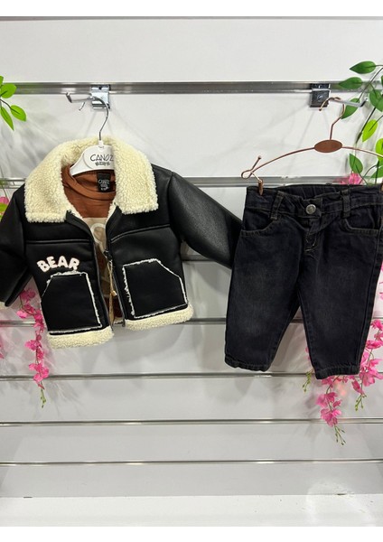 Erkek Çocuk Kürklü Deri Ceket 3lü Takım Kahverengi