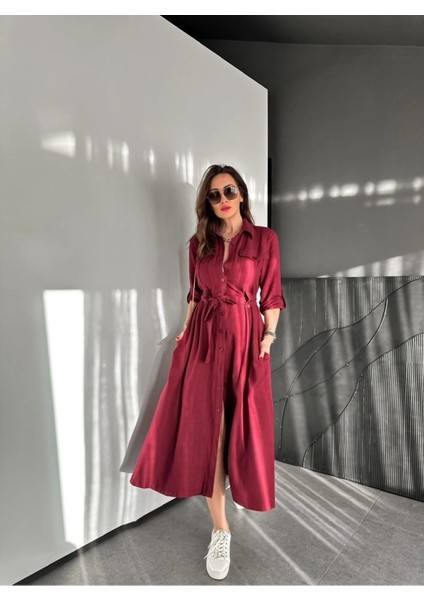 Egzotik Asortik Kadın Kolları Manşetli Full Düğmeli Safari Gömlek Elbise modelleri