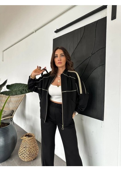 Asortik Kadın Simli Şeritli Modall Dokulu Ikili Takım