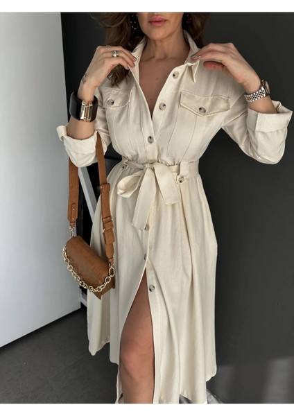 Egzotik Asortik Kadın Kolları Manşetli Full Düğmeli Safari Gömlek Elbise modelleri