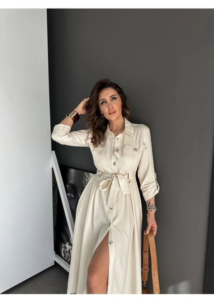 Egzotik Asortik Kadın Kolları Manşetli Full Düğmeli Safari Gömlek Elbise indirimleri