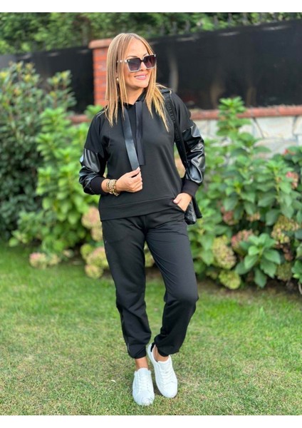 Kadın Deri Detaylı Kapüşonlu Ikili Takım