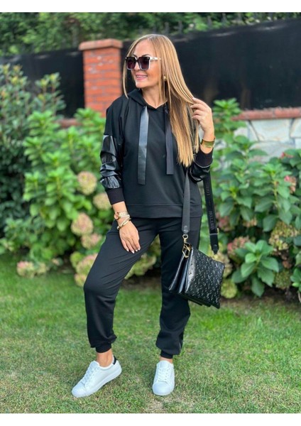 Kadın Deri Detaylı Kapüşonlu Ikili Takım modelleri