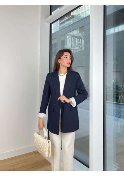 Robin Kadın Çizgili Astarlı Kruvaze Blazer Klasik Kumaş Ceket