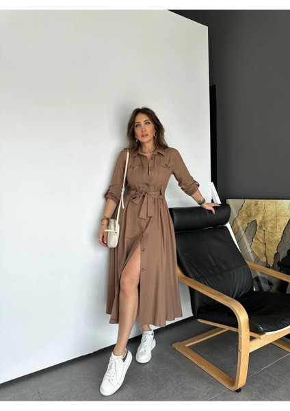 Egzotik Asortik Kadın Kolları Manşetli Full Düğmeli Safari Gömlek Elbise