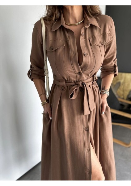 Egzotik Asortik Kadın Kolları Manşetli Full Düğmeli Safari Gömlek Elbise modelleri