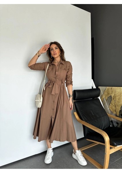 Egzotik Asortik Kadın Kolları Manşetli Full Düğmeli Safari Gömlek Elbise fırsatları