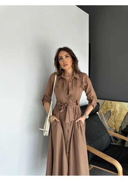 Egzotik Asortik Kadın Kolları Manşetli Full Düğmeli Safari Gömlek Elbise indirimleri