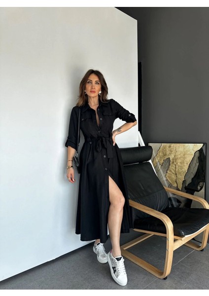 Egzotik Asortik Kadın Kolları Manşetli Full Düğmeli Safari Gömlek Elbise