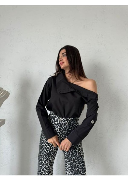 Miss Neşem Kadın Dik Veya Düşük Yaka Düğme Detaylı Kısa Oversize Kesim Pamuk Gömlek
