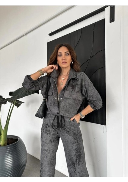 Asortik Kadın Batik Desenli Iri Cepli Mont Pantolon Ikili Takım indirimleri