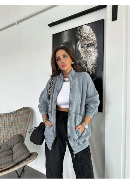 Egzotik Asortik Kadın Dik Yaka Yıkamalı Fermuarlı Uzun Sweatshirt modelleri