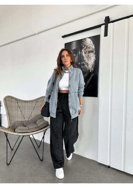 Egzotik Asortik Kadın Dik Yaka Yıkamalı Fermuarlı Uzun Sweatshirt fırsatları