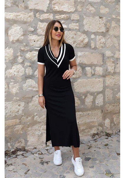 Buketli Kadın Geniş Ribana Detaylı Yırtmaçlı Uzun Modal V Yaka Kısa Kollu Elbise