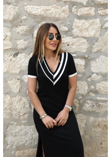 Buketli Kadın Geniş Ribana Detaylı Yırtmaçlı Uzun Modal V Yaka Kısa Kollu Elbise fiyatları