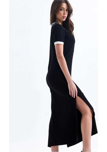 Buketli Kadın Geniş Ribana Detaylı Yırtmaçlı Uzun Modal V Yaka Kısa Kollu Elbise modelleri