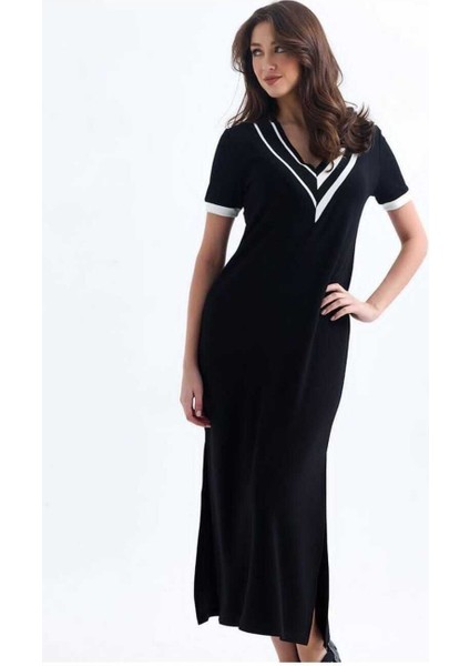 Buketli Kadın Geniş Ribana Detaylı Yırtmaçlı Uzun Modal V Yaka Kısa Kollu Elbise fırsatları