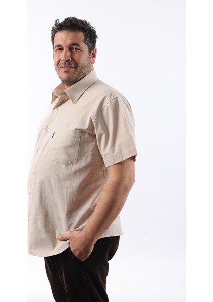 Kısa Kol Bej Keten Erkek Gömlek KK-8046-TSS