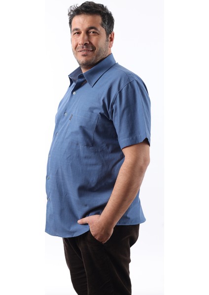 Kısa Kol İndigo Keten Erkek Gömlek KK-8047-TSS