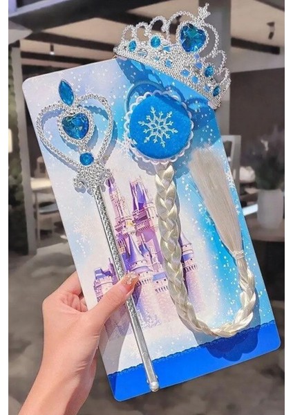Elsa Konsept Parti Seti 3'lü Set Sihirli Asa Örgü Saç ve Taç Seti