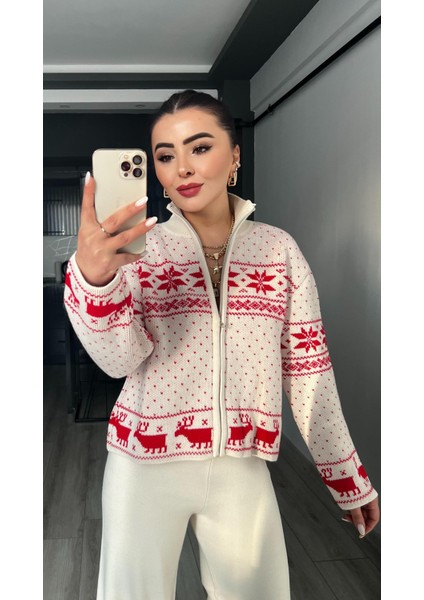 Geyik Işlemeli Fermuarlı Yılbaşı Hırkası