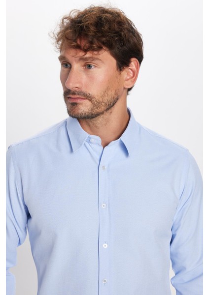 Modern Slim Fit Uzun Kollu Pamuklu Kolay Ütü Armürlü Erkek Mavi Gömlek