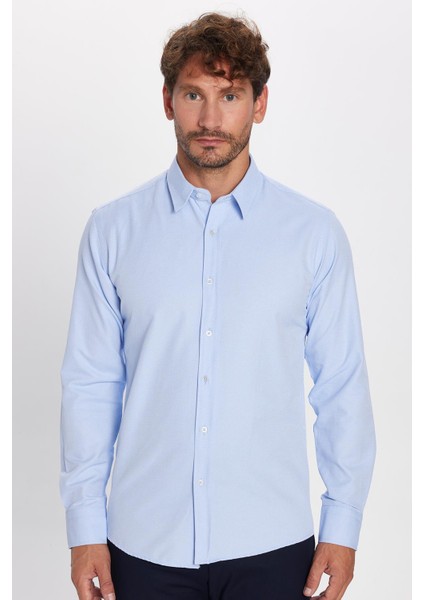 Modern Slim Fit Uzun Kollu Pamuklu Kolay Ütü Armürlü Erkek Mavi Gömlek modelleri