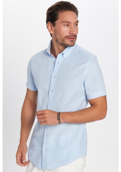 Slim Fit Kısa Kollu Düğmeli Yaka Düz Yazlık Keten Efekt Mavi Erkek Gömlek