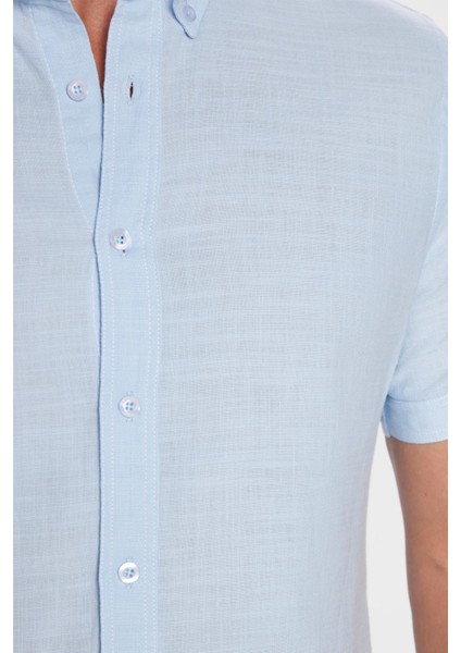 Slim Fit Kısa Kollu Düğmeli Yaka Düz Yazlık Keten Efekt Mavi Erkek Gömlek fırsatları