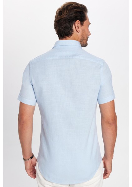 Slim Fit Kısa Kollu Düğmeli Yaka Düz Yazlık Keten Efekt Mavi Erkek Gömlek indirimleri