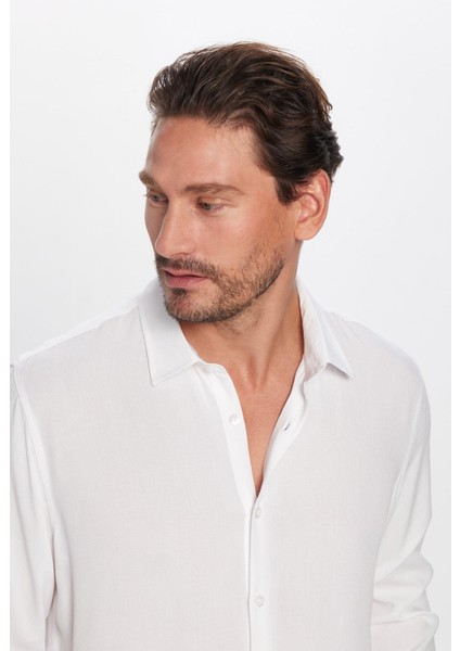 Slim Fit Uzun Kollu Dar Kesim Dökümlü Viskon Şık Erkek Beyaz Gömlek